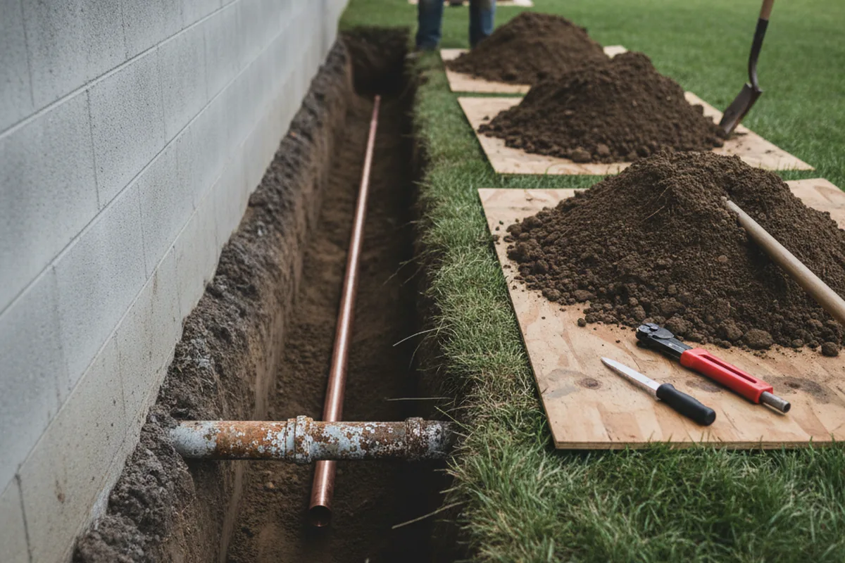 Excavated water line trench during Water Softener Installation in Fincastle